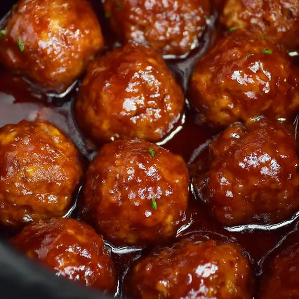 Crockpot BBQ grape jelly meatballs served in a bowl
