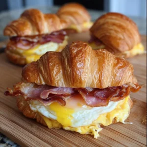Delicious croissant breakfast sandwiches with eggs, cheese, and bacon on a plate