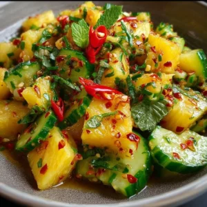 Fresh and vibrant crunchy pineapple cucumber salad in a bowl