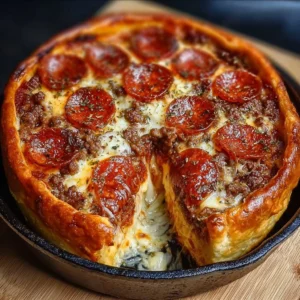 Homemade deep-dish pizza fresh from the oven, topped with cheese and tomatoes.