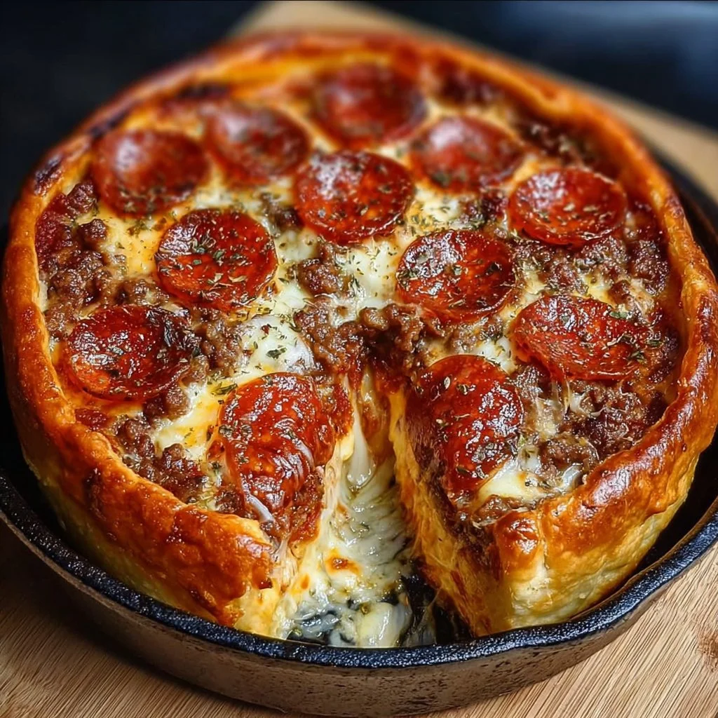 Homemade deep-dish pizza fresh from the oven, topped with cheese and tomatoes.