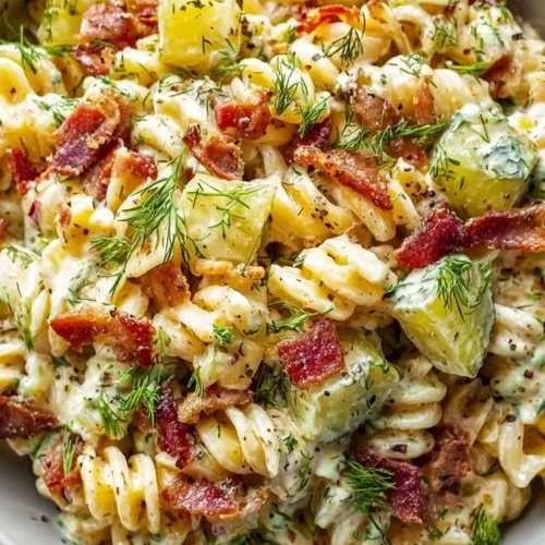 Delicious Dill Pickle Bacon Pasta Salad topped with herbs and spices