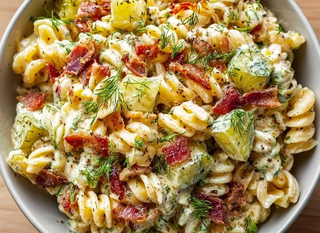 Delicious Dill Pickle Bacon Pasta Salad topped with herbs and spices