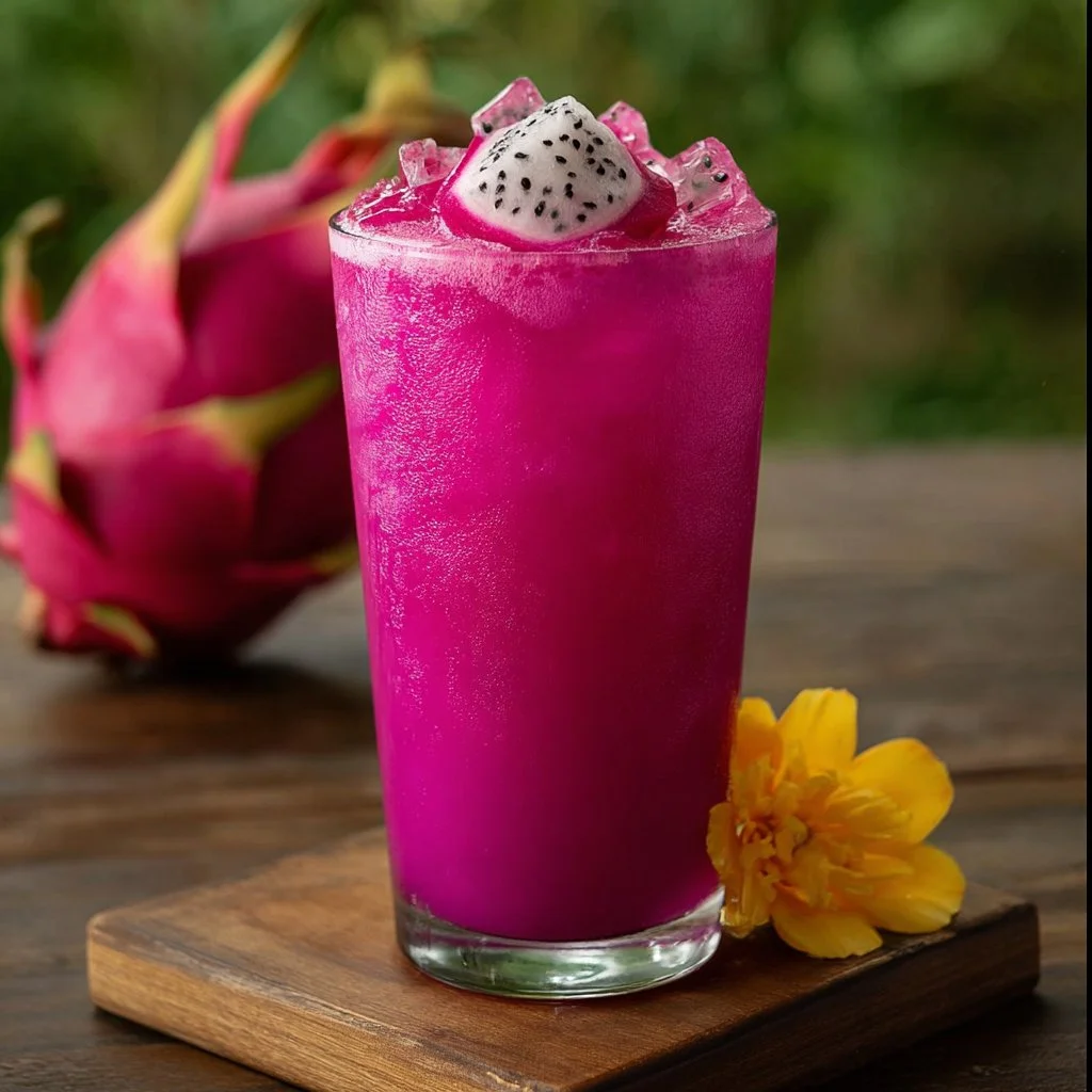 Refreshing Dragon Fruit Colada cocktail garnished with fresh fruit