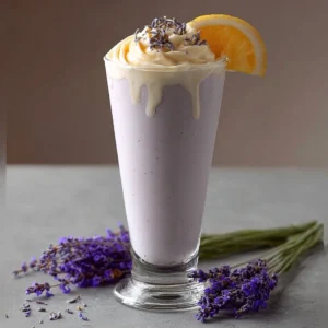 Earl Grey Lavender Milkshake topped with whipped cream and lavender sprigs