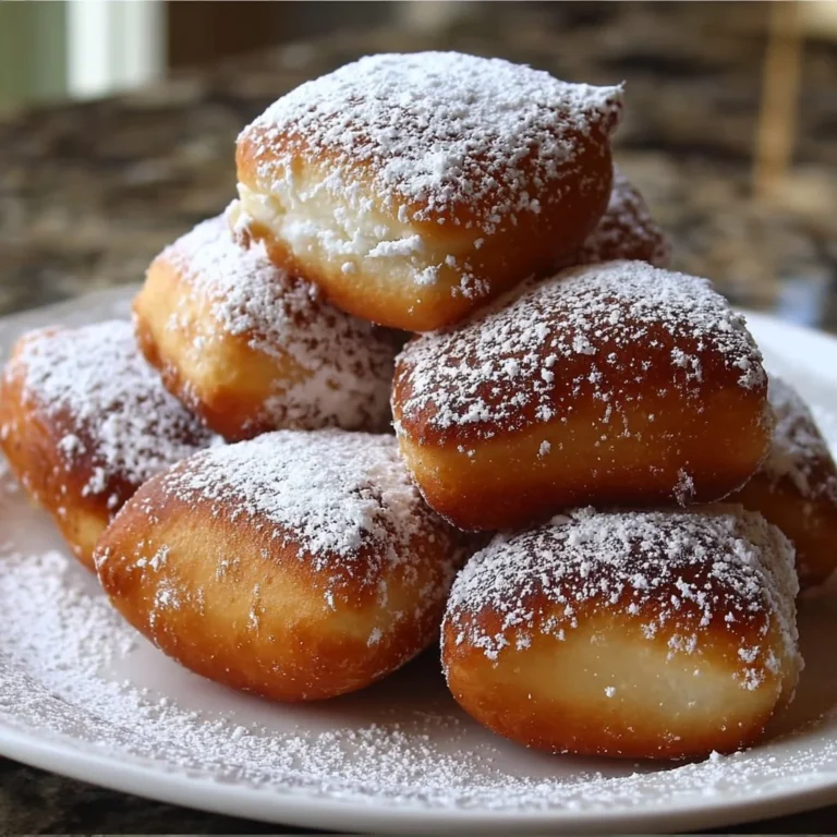Golden brown vanilla beignets dusted with powdered sugar on a plate
