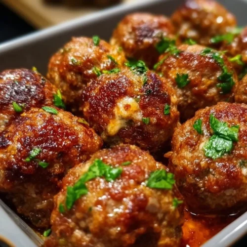 Easy Baked Meatballs A plate of easy baked meatballs served with tomato sauce and herbs.