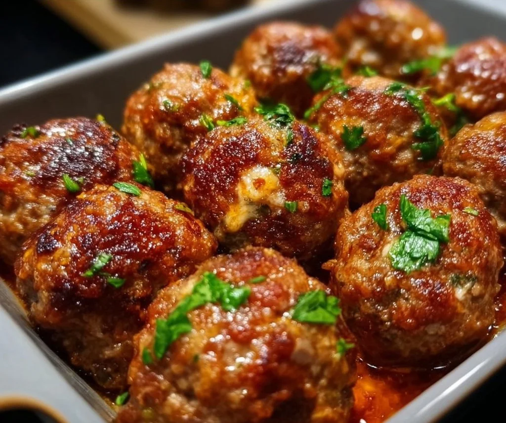 A plate of easy baked meatballs served with tomato sauce and herbs.