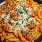 Easy Chicken Parmesan Pasta served with fresh herbs and cheese on a plate.