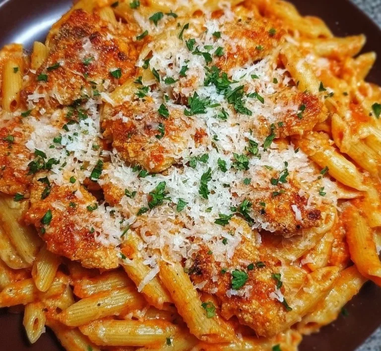 Easy Chicken Parmesan Pasta served with fresh herbs and cheese on a plate.