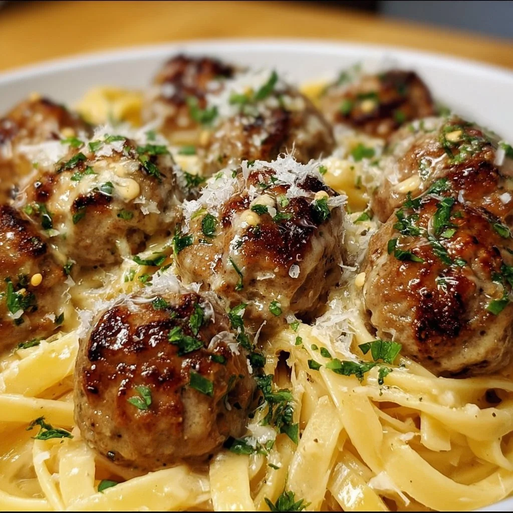 Delicious garlic butter meatballs on creamy Parmesan linguine