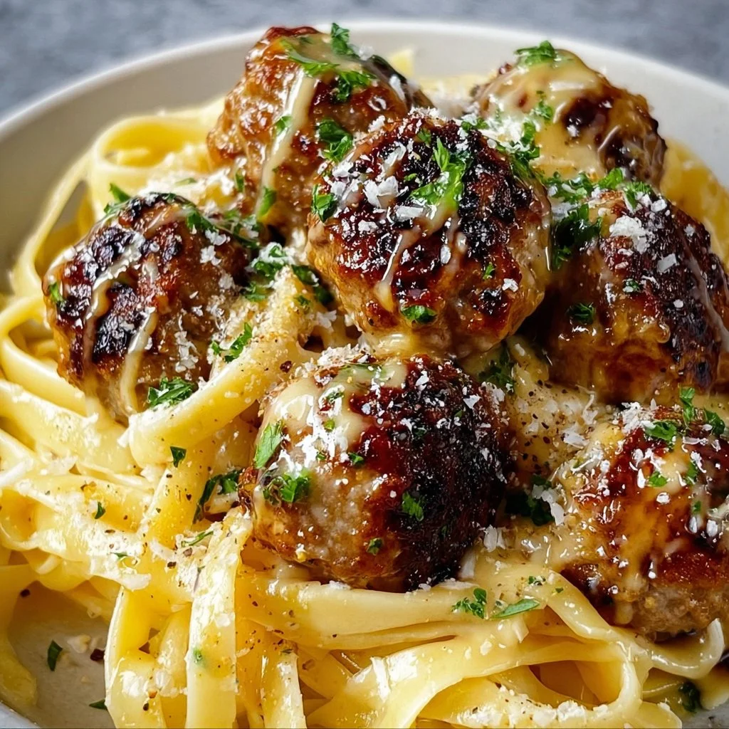 Easy Garlic Butter Meatballs Served Over Creamy Parmesan Linguine