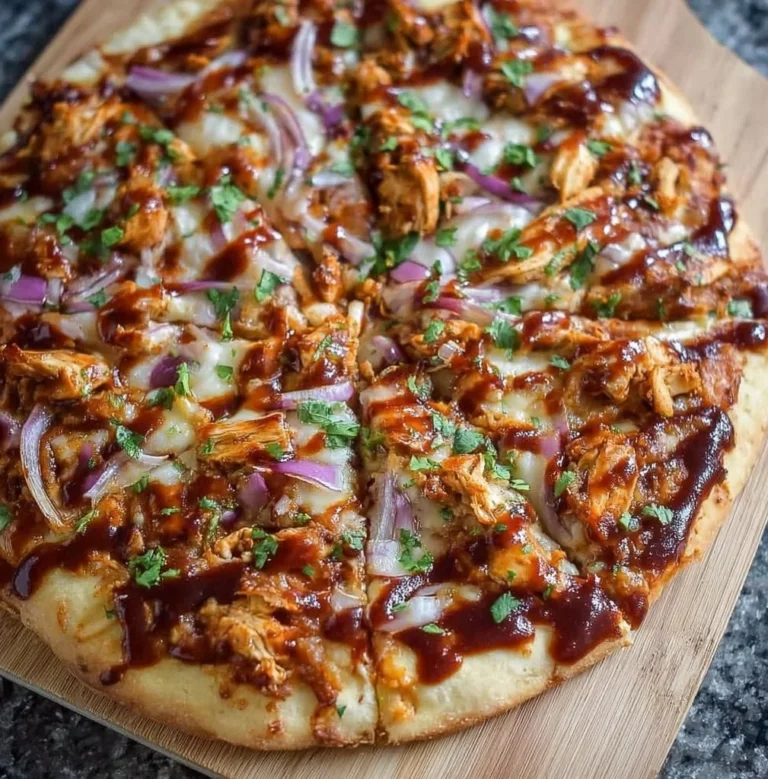 Delicious homemade BBQ chicken pizza topped with barbecue sauce and chicken pieces