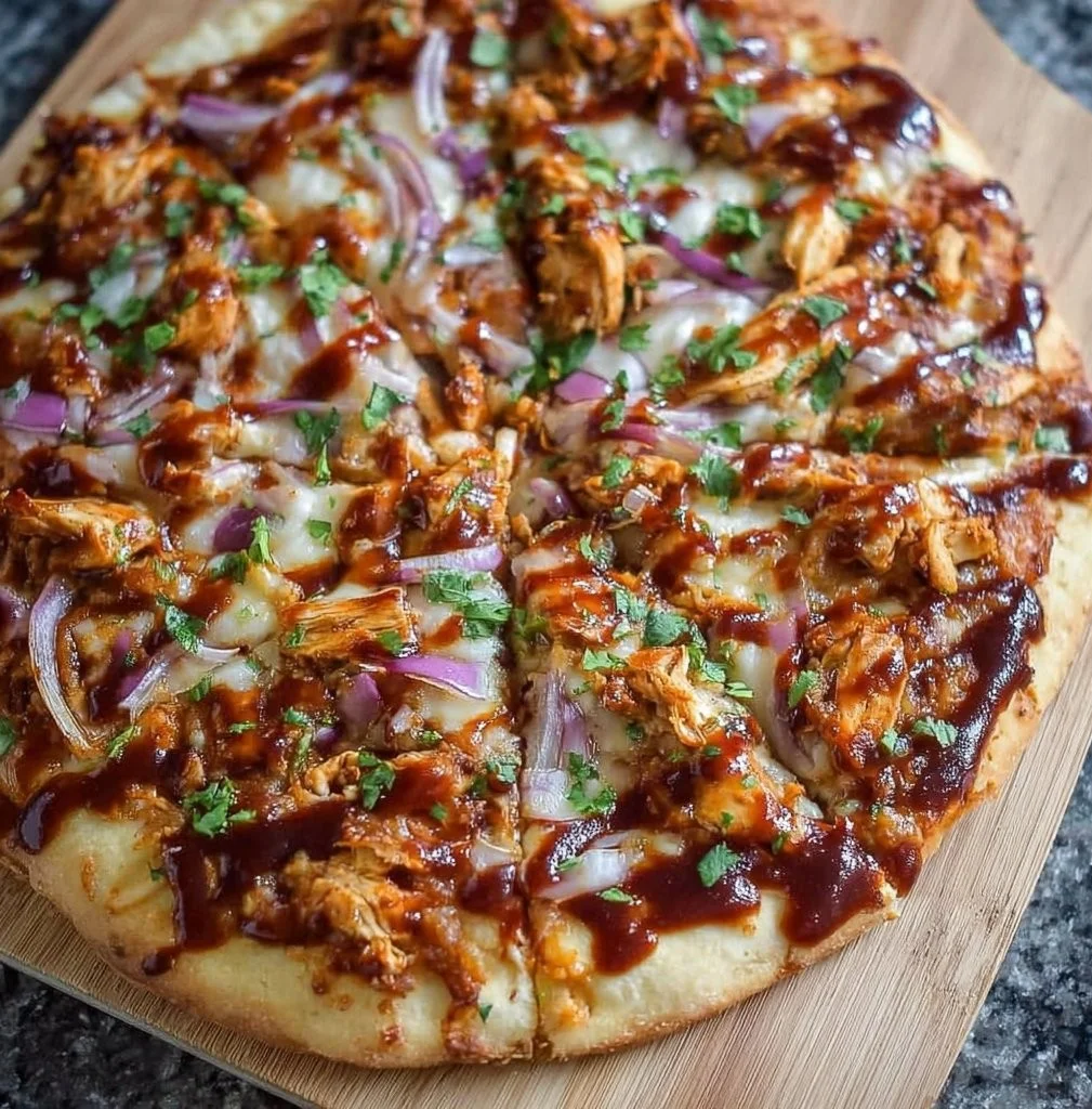 Delicious homemade BBQ chicken pizza topped with barbecue sauce and chicken pieces