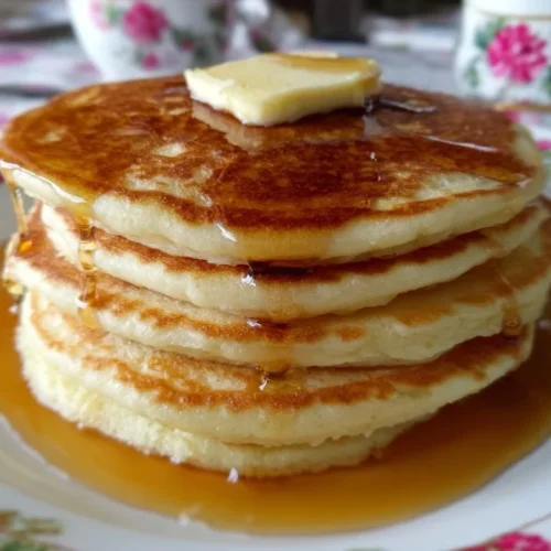 Stack of fluffy homemade pancakes served with syrup and berries.