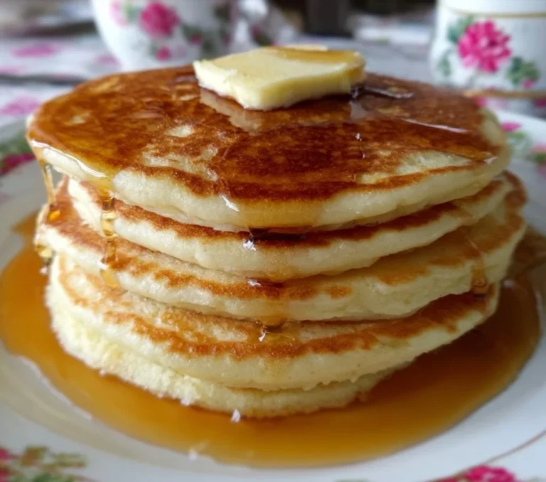 Stack of fluffy homemade pancakes served with syrup and berries.
