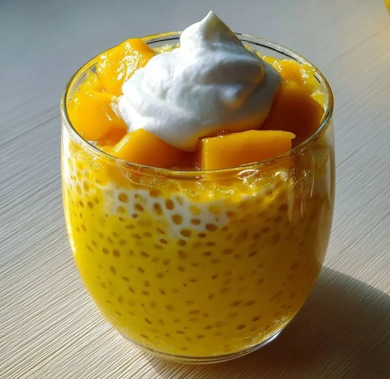 Bowl of easy Mango Sago dessert pudding with fresh mango slices and coconut milk