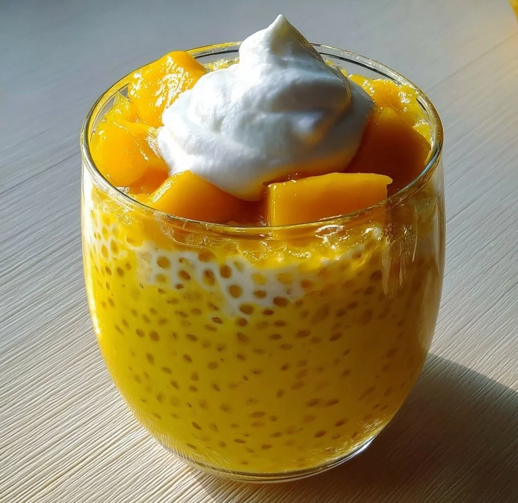 Bowl of easy Mango Sago dessert pudding with fresh mango slices and coconut milk