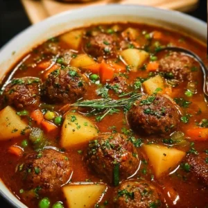 Easy Meatball Stew Bowl of easy meatball stew with vegetables and herbs
