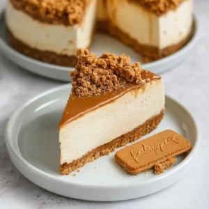 No-bake Lotus Biscoff cheesecake topped with cookies and caramel drizzle
