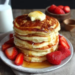 Easy Pancakes A stack of golden easy pancakes topped with syrup and fresh berries