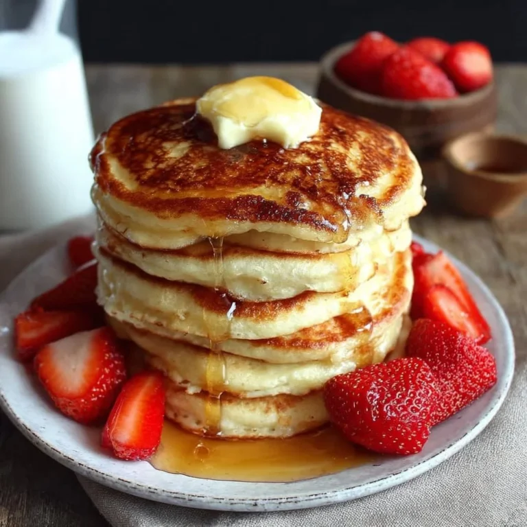 A stack of golden easy pancakes topped with syrup and fresh berries