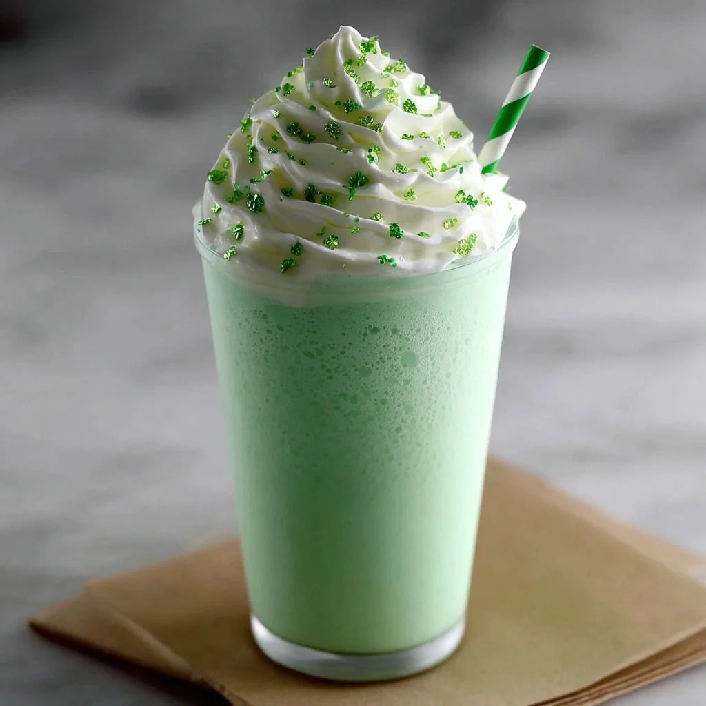 Delicious homemade Easy Shamrock Shake in a glass with whipped cream and green sprinkles.