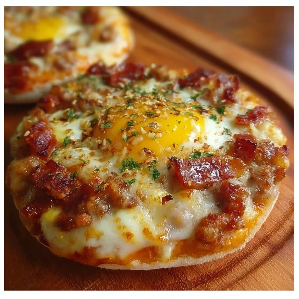 English muffin breakfast pizza topped with eggs, cheese, and vegetables