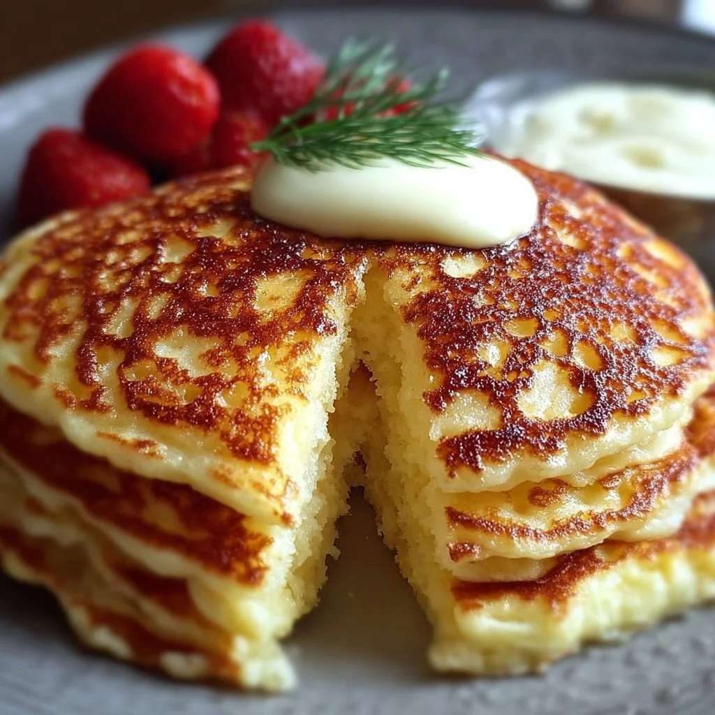 Flourless cottage cheese pancakes served with fresh fruit and syrup