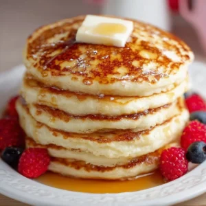 Fluffy pancake served on a plate topped with syrup and berries