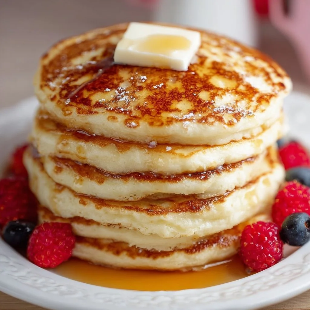 Fluffy pancake served on a plate topped with syrup and berries