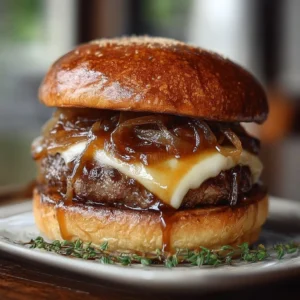 Delicious French Onion Soup Burger topped with melted cheese and caramelized onions