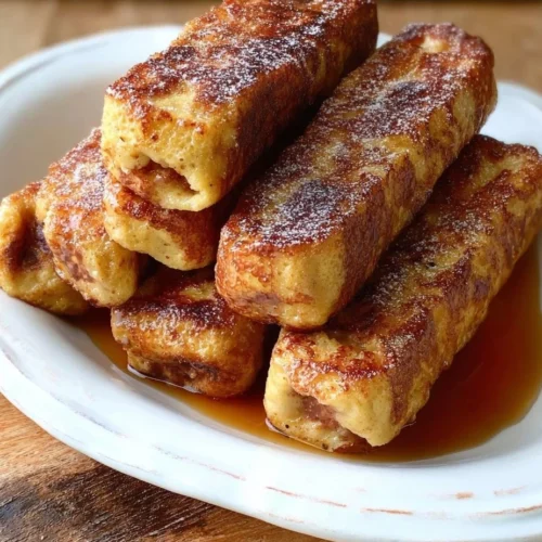 Delicious French Toast Roll-Ups filled with sweet cream and topped with syrup.