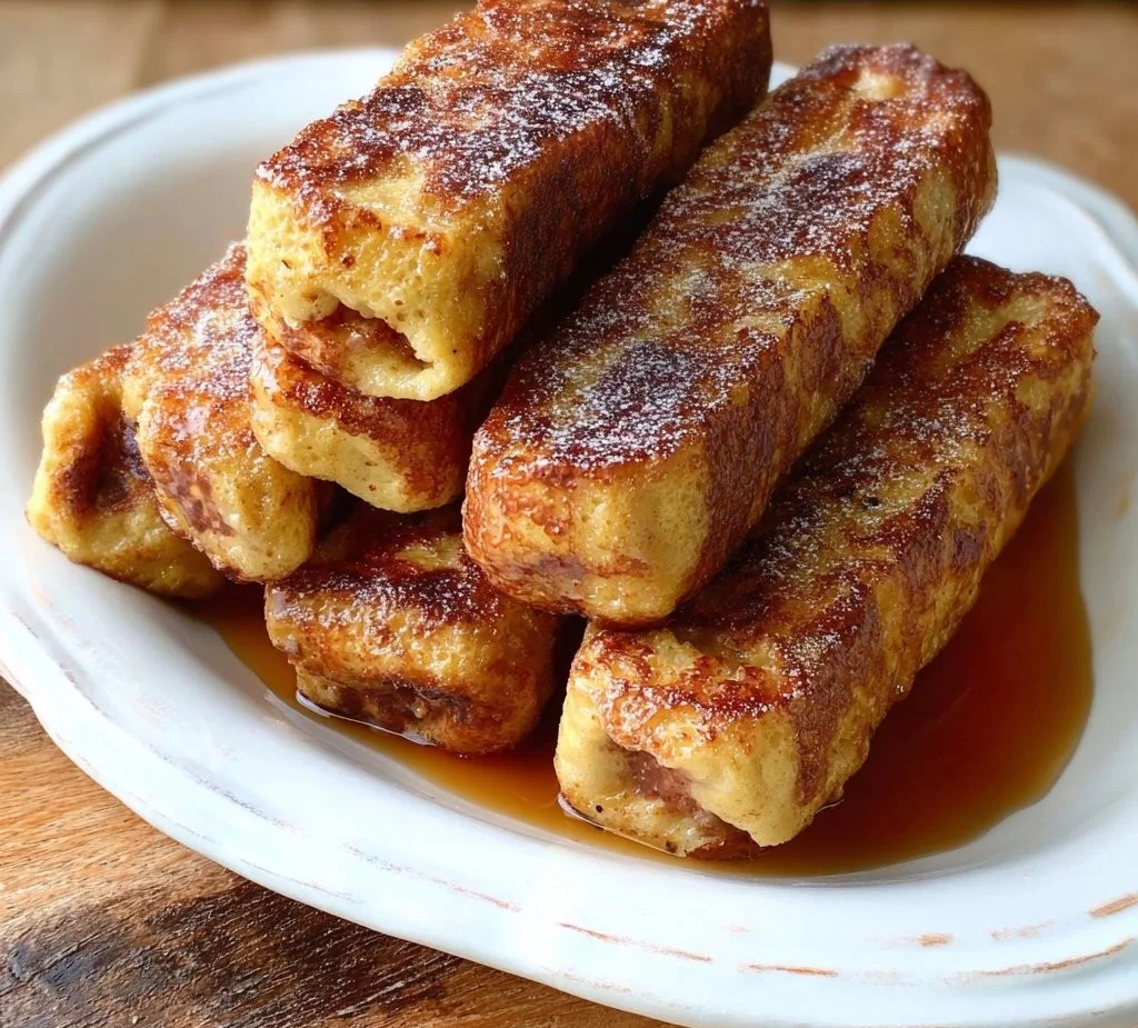 Delicious French Toast Roll-Ups filled with sweet cream and topped with syrup.