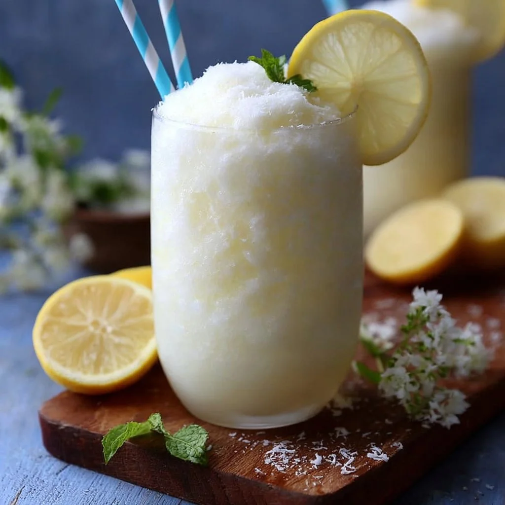 Chilled Frozen Coconut Lemonade in a glass garnished with lemon slices