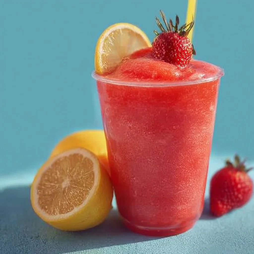 A refreshing glass of frozen strawberry lemonade topped with fresh strawberries.