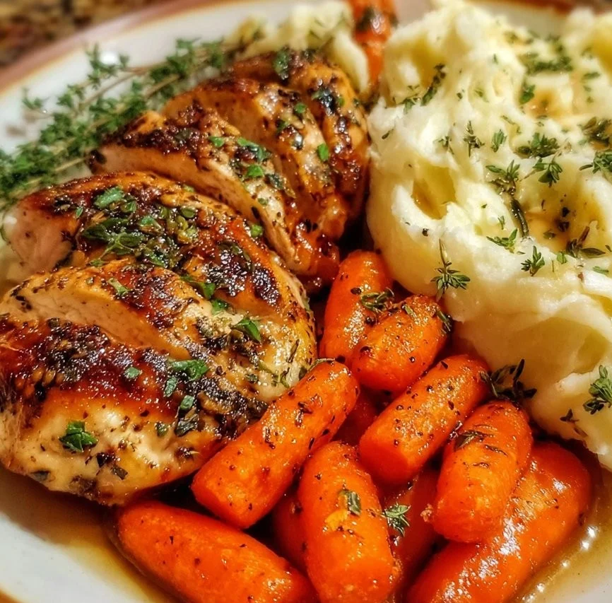Delicious Garlic Herb Chicken served with mashed potatoes and glazed carrots.