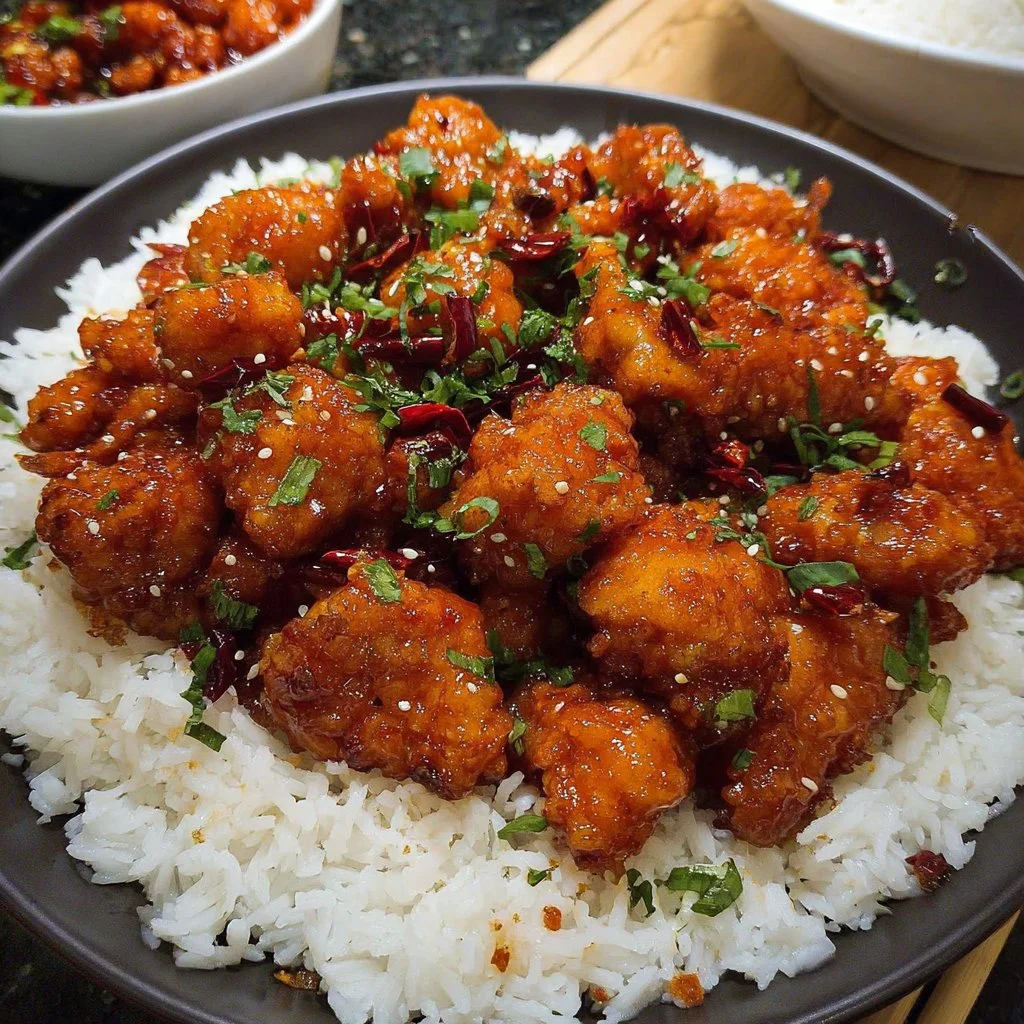 Delicious plate of General Tso's Chicken with vegetables and rice