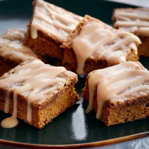 Delicious glazed cookie butter bars with rum cinnamon glaze topping