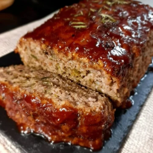 Gordon Ramsay's flavorful meatloaf served with mashed potatoes and green beans.