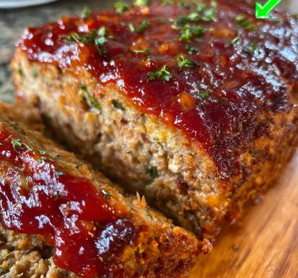 Delicious glazed meatloaf served on a plate with vegetables
