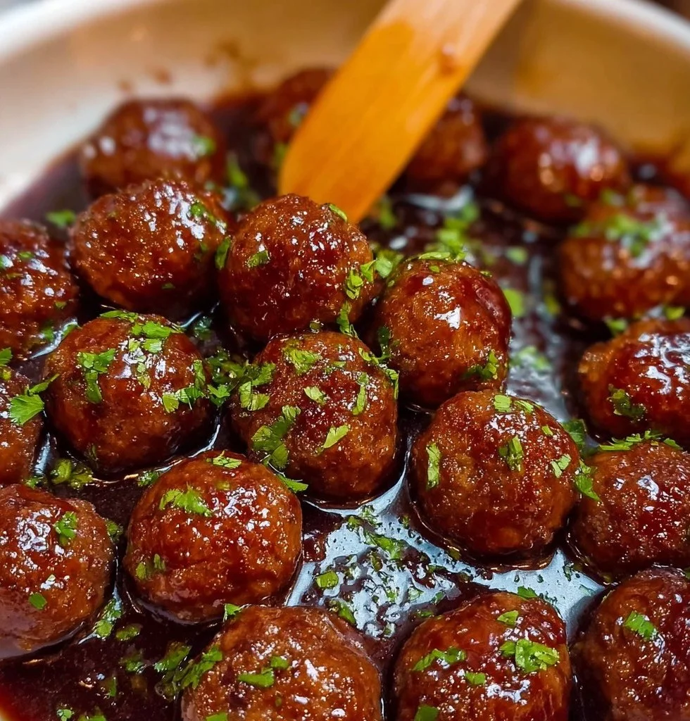Plate of delicious grape jelly meatballs served as an appetizer.