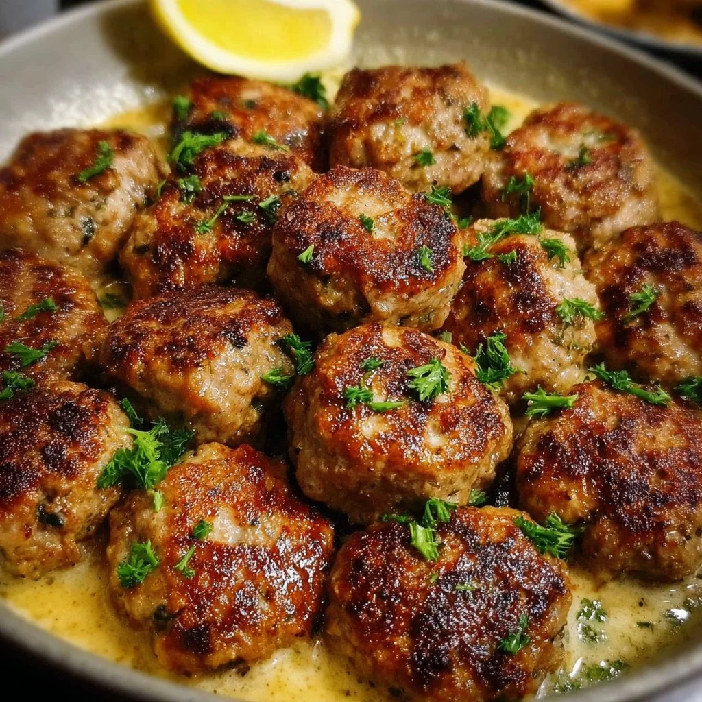 Delicious Greek Keftedes meatballs served with tzatziki sauce and herbs.