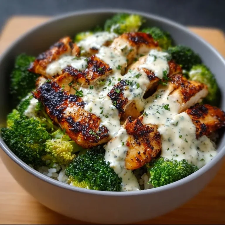 Grilled chicken broccoli bowls topped with creamy garlic sauce.