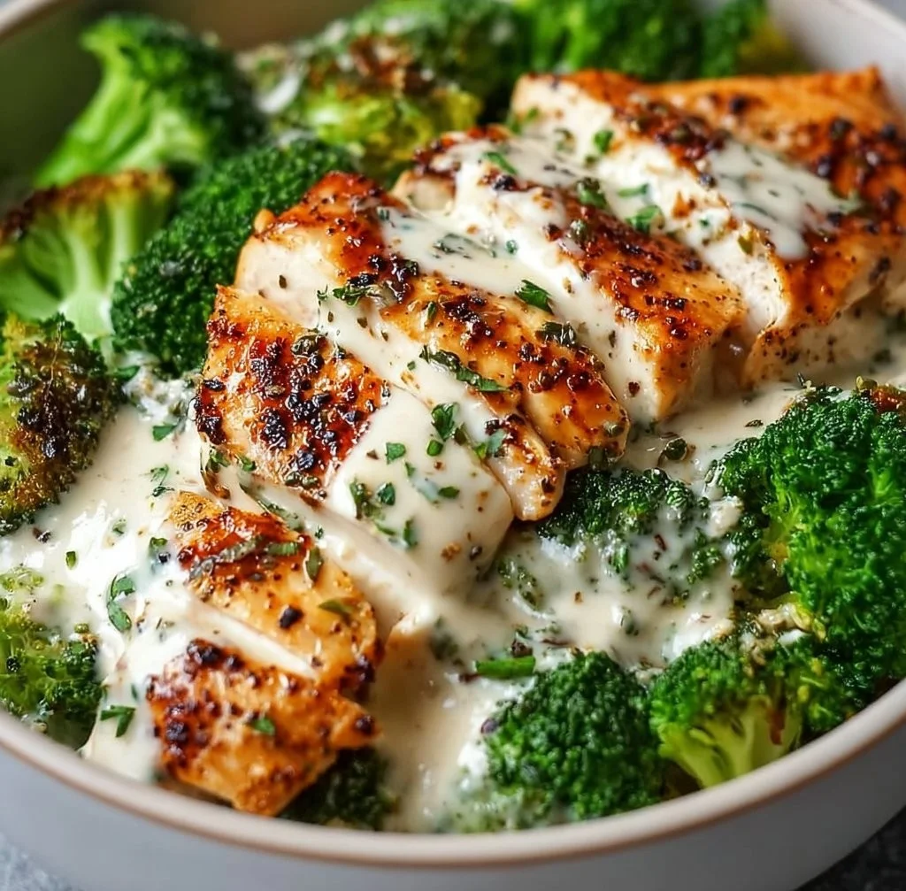 Grilled Chicken Broccoli Bowls with Creamy Garlic Sauce