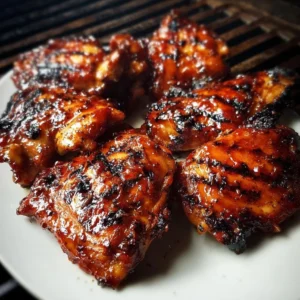 Grilled Spicy BBQ Chicken Thighs on a platter garnished with herbs