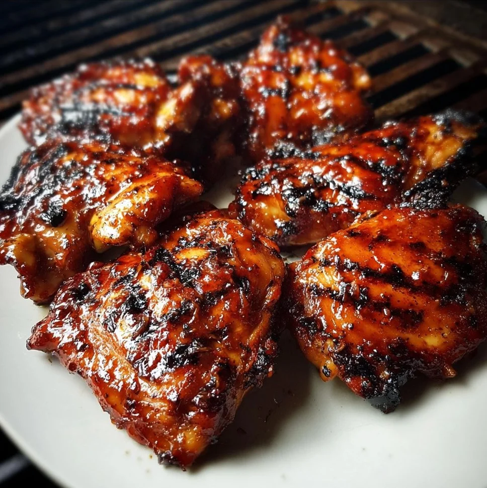 Grilled Spicy BBQ Chicken Thighs on a platter garnished with herbs