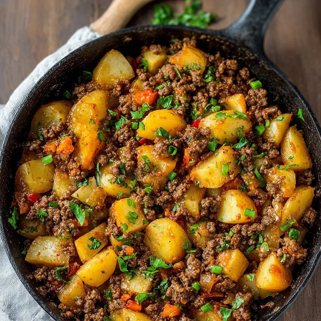 Savory dish of ground beef and potatoes served in a bowl