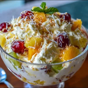 Delicious Hawaiian cheesecake salad topped with fresh tropical fruits.