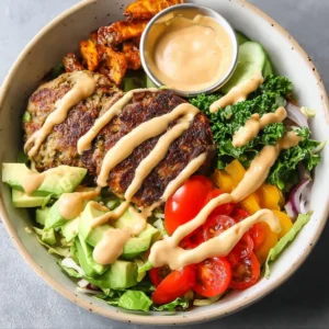 Healthy burger bowl with fresh ingredients and special sauce served in a bowl